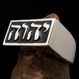 Rectangle shaped Men's Ring black YHWH Yahweh Hebrew God Israel - Sterling Silver - BikeRing4u