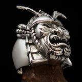 Men's Japanese Warrior Ring detailed Samurai Mempo Kabuto Mask - Sterling Silver - BikeRing4u