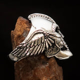 Excellent crafted Men's Biker winged Viking Skull Ring - antiqued Sterling Silver - BikeRing4u