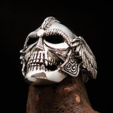 Excellent crafted Men's Biker winged Viking Skull Ring - antiqued Sterling Silver - BikeRing4u