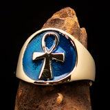 Excellent crafted Men's big blue Egyptian Ankh Cross Ring - solid Brass - BikeRing4u