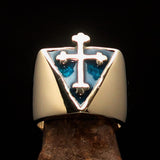 Excellent crafted Men's blue Coptic Rose Cross Ring - Solid Brass - BikeRing4u