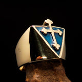Excellent crafted Men's blue Coptic Rose Cross Ring - Solid Brass - BikeRing4u