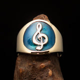 Excellent crafted round Men's blue Treble Clef Pinky Ring - Solid Brass - BikeRing4u