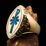 Ancient Christian Monogram Men's Cross Ring blue Chi Rho XP - Solid Brass - BikeRing4u