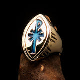 Ancient Christian Monogram Men's Cross Ring blue Chi Rho XP - Solid Brass - BikeRing4u