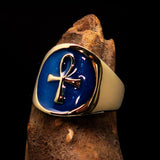 Well made Men's small blue Egyptian Ankh Cross Pinky Ring - solid Brass - BikeRing4u