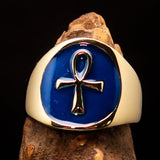 Well made Men's small blue Egyptian Ankh Cross Pinky Ring - solid Brass - BikeRing4u