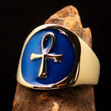 Well made Men's small blue Egyptian Ankh Cross Pinky Ring - solid Brass - BikeRing4u