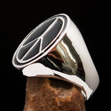 Oval Men's Ring black Peace Symbol Flower Power - Sterling Silver - BikeRing4u