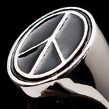 Oval Men's Ring black Peace Symbol Flower Power - Sterling Silver - BikeRing4u