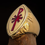 Ancient Christian Monogram Men's Cross Ring red Chi Rho XP - Solid Brass - BikeRing4u
