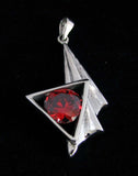 Long Asymmetric round red CZ in Triangle Pendant - Sterling Silver
