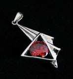 Long Asymmetric round red CZ in Triangle Pendant - Sterling Silver