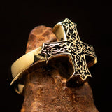 Excellent crafted Men's ornamental Celtic Cross Ring - antiqued Brass - BikeRing4u