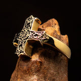 Excellent crafted Men's ornamental Celtic Cross Ring - antiqued Brass - BikeRing4u
