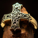 Excellent crafted Men's ornamental Celtic Cross Ring - antiqued Brass - BikeRing4u