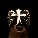 Excellent crafted Men's flying winged Cross Biker Ring - antiqued Brass - BikeRing4u