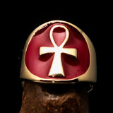 Excellent crafted Men's big red Egyptian Ankh Cross Ring - solid Brass - BikeRing4u