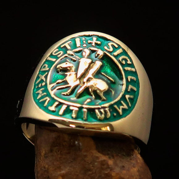 Excellent crafted Men's green Templar Knights Seal Ring - solid Brass - BikeRing4u