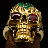 Excellent crafted Men's green 1% Flaming Skull Outlaw Ring red CZ Eyes Enamel - Solid Brass - BikeRing4u