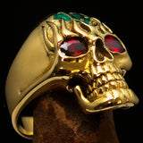 Excellent crafted Men's green 1% Flaming Skull Outlaw Ring red CZ Eyes Enamel - Solid Brass - BikeRing4u