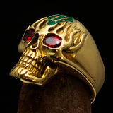 Excellent crafted Men's green 1% Flaming Skull Outlaw Ring red CZ Eyes Enamel - Solid Brass - BikeRing4u