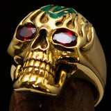 Excellent crafted Men's green 1% Flaming Skull Outlaw Ring red CZ Eyes Enamel - Solid Brass - BikeRing4u