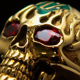 Excellent crafted Men's green 1% Flaming Skull Outlaw Ring red CZ Eyes Enamel - Solid Brass - BikeRing4u