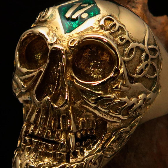 Excellent crafted Men's green 1% Runes Skull Outlaw Biker Ring - solid Brass - BikeRing4u