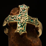Excellent crafted green Men's ornamental Celtic Cross Ring - solid Brass - BikeRing4u