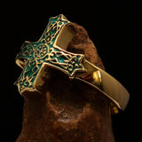 Excellent crafted green Men's ornamental Celtic Cross Ring - solid Brass - BikeRing4u