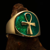 Excellent crafted Men's big green Egyptian Ankh Cross Ring - solid Brass - BikeRing4u