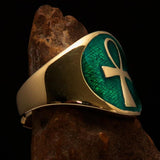 Excellent crafted Men's big green Egyptian Ankh Cross Ring - solid Brass - BikeRing4u
