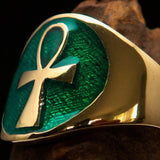 Excellent crafted Men's big green Egyptian Ankh Cross Ring - solid Brass - BikeRing4u