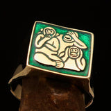 Excellent crafted Men's green 3 Monkeys Pinky Ring - Solid Brass - BikeRing4u