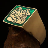 Excellent crafted Men's green 3 Monkeys Pinky Ring - Solid Brass - BikeRing4u