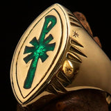 Ancient Christian Monogram Men's Cross Ring green Chi Rho XP - Solid Brass - BikeRing4u