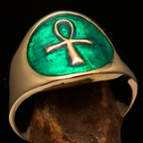 Well made Men's small green Egyptian Ankh Cross Pinky Ring - solid Brass - BikeRing4u
