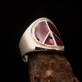 Round Men's Ring red Peace Symbol Flower Power - Sterling Silver - BikeRing4u