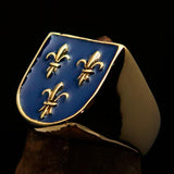 Excellent crafted Men's blue Fleur de Lis Coat of Arms Ring - solid Brass - BikeRing4u