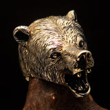 Perfectly crafted Men's roaring Grizzly Bear Ring - antiqued Brass - BikeRing4u