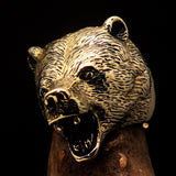Perfectly crafted Men's roaring Grizzly Bear Ring - antiqued Brass - BikeRing4u