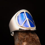Round Men's Ring blue Peace Symbol Flower Power - Sterling Silver - BikeRing4u