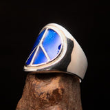 Round Men's Ring blue Peace Symbol Flower Power - Sterling Silver - BikeRing4u