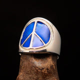Round Men's Ring blue Peace Symbol Flower Power - Sterling Silver - BikeRing4u