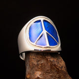 Round Men's Ring blue Peace Symbol Flower Power - Sterling Silver - BikeRing4u