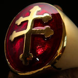 Excellent crafted oval domed Men's red Cross Lorraine Ring - solid Brass - BikeRing4u