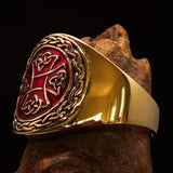 Excellent crafted ancient red Celtic Birgit's Cross Men's Pinky Ring - solid Brass - BikeRing4u
