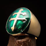 Excellent crafted oval domed Men's green Cross Lorraine Ring - solid Brass - BikeRing4u
